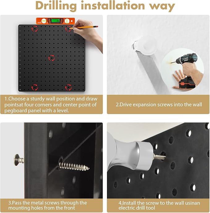 FZK Peg Board, Black Pegboard 4pcs and 46 Pegboard Hooks with Strong Ribs Back Holds up for 200Ib, Peg Board Organizer for Walls for Garage Workshop Office Kitchen, 16"*16"