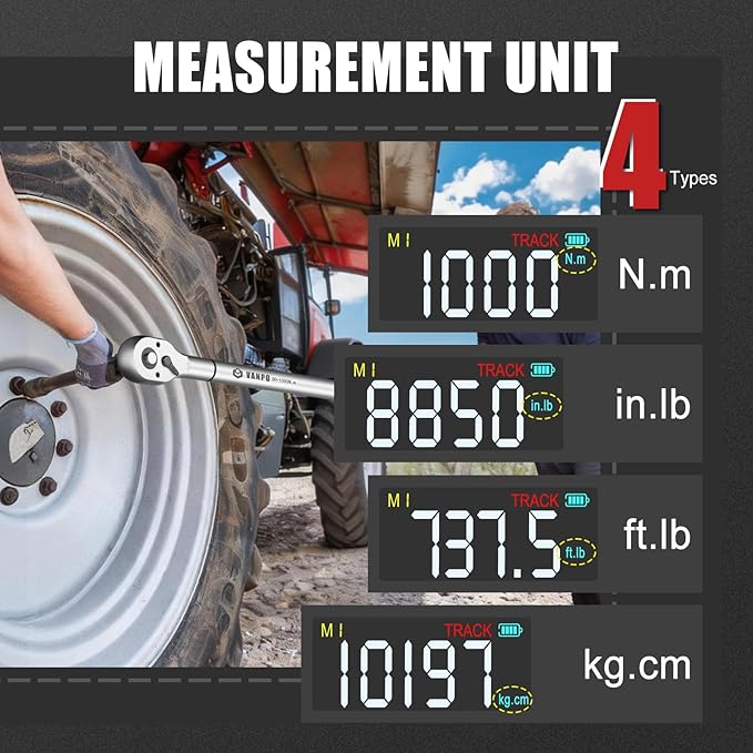 VANPO 3/4-Inch Digital Torque Wrench 37–737 ft-lb, ±2% Accuracy Heavy Duty Electronic Torque Wrench with LED, Buzzer & Vibration Alert for Wind Turbine, Mining Equipment & Industrial Bolting