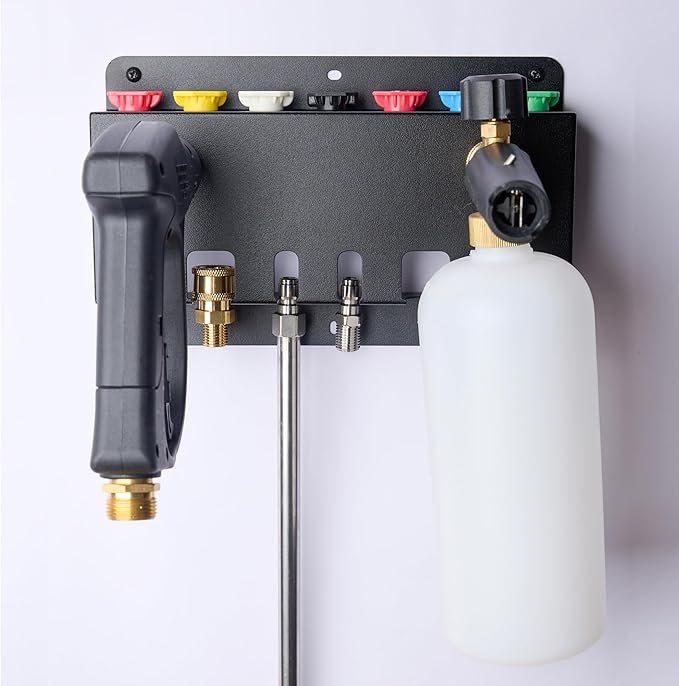 Pressure Washer Gun Holder -Trumlandy Foam Cannon Holder Wall Mounted Pressure Washers Accessories Storage Rack for Pressure Washer Gun/Nozzle Tips/Foam Cannon/ 1/4" Quick Connect Extension Wand