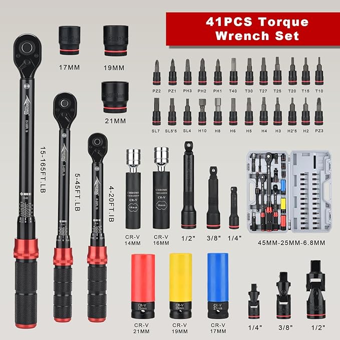 AEROFORCE 1/4 & 3/8 & 1/2-inch Drive Click Torque Wrench, 41Pcs Torque Wrench Set with Sockets and extensions, Hex, Torx, magnetic Spark Plug for Car, Motorcycle, Bike Repair