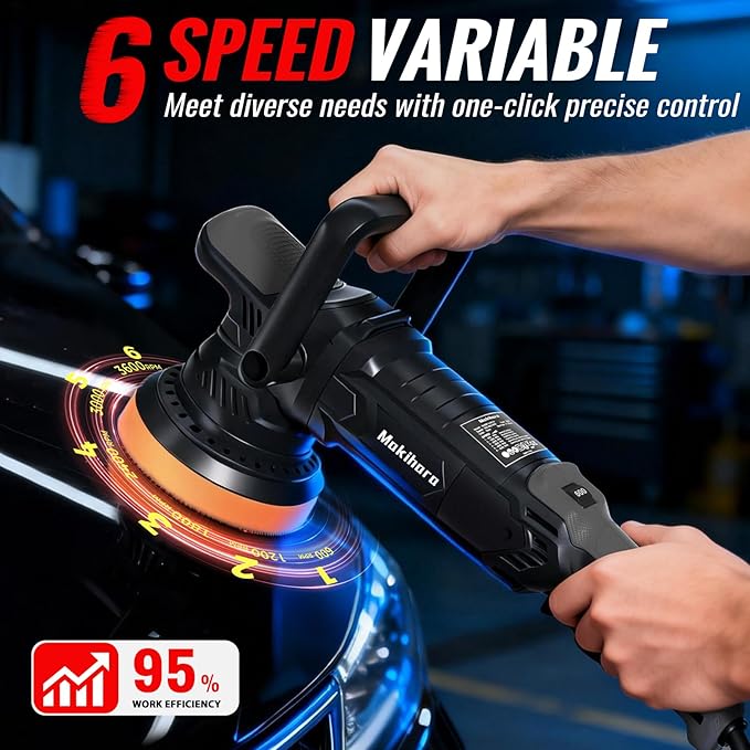 Car Buffer Polisher, 5 Inch Random Orbital Car Polisher, 1600W 6 Variable Speed 600-3600 RPM, 26Pcs Attachments, Polisher for Car Detailing, Boat Sanding, Scratch Removing