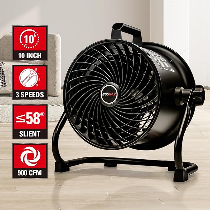 ECOMAX 10-Inch Drum Fan, 900CFM 3-Speed Industrial Floor Fan with 360° Tilt Head, 85W 120V Aluminum Blade Shop Fan for Garage Workshop Basement Patio, UL Certified, 8.6 LBS