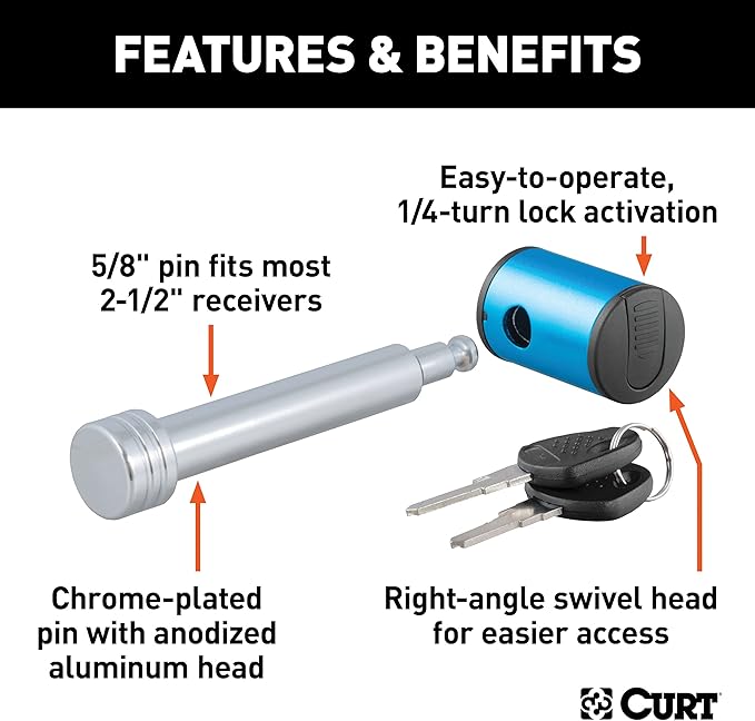 CURT 23504 Right-Angle Trailer Hitch Lock, 5/8-Inch Pin Diameter, Fits 2 or 2-1/2-Inch Receiver