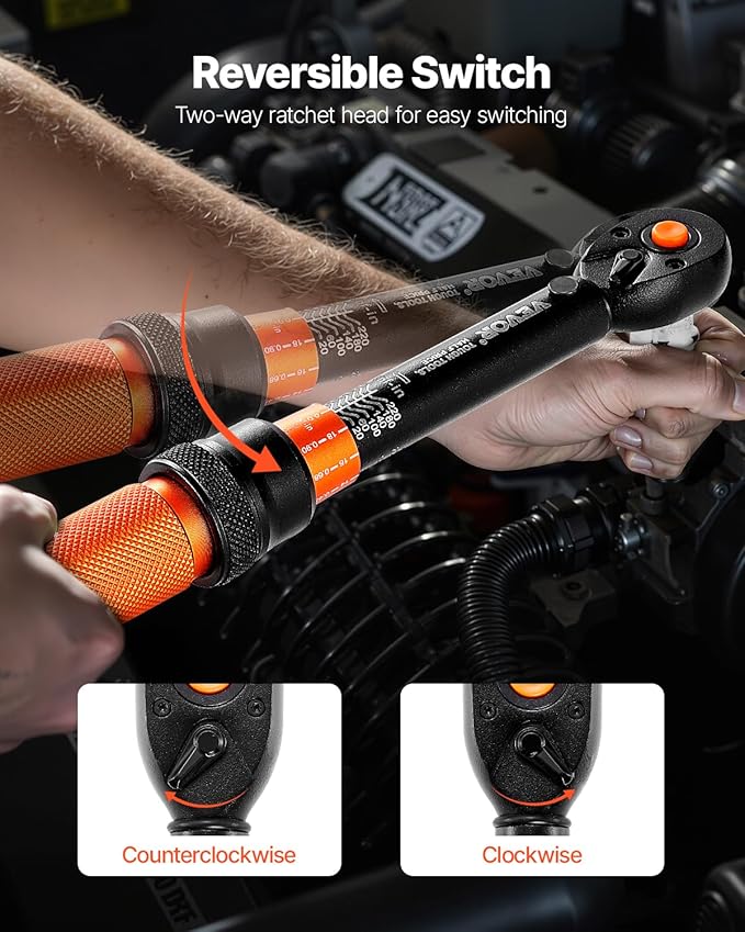 VEVOR 50Pcs Torque Wrench Set, 1/4 Inch Drive, 20-240IN.LB(2.3-27.1Nm), 72-Tooth Inch Pound Click Torque Wrench with Bit Sockets, Adapters, for MTB, E-Bike, Motorcycle