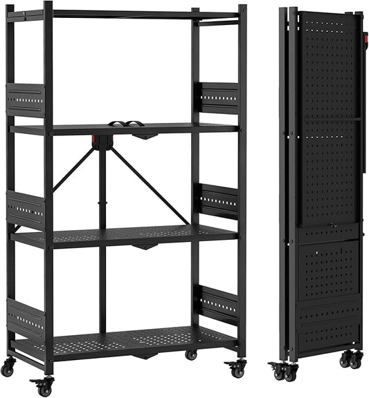 WORKPRO 4-Tier Folding Shelf, No-Assembly Metal Storage Rack with Wheels, 600 lbs Capacity (with Leveling Feet), Collapsible Shelving Unit for Kitchen, Pantry, Bathroom & Closet Organization