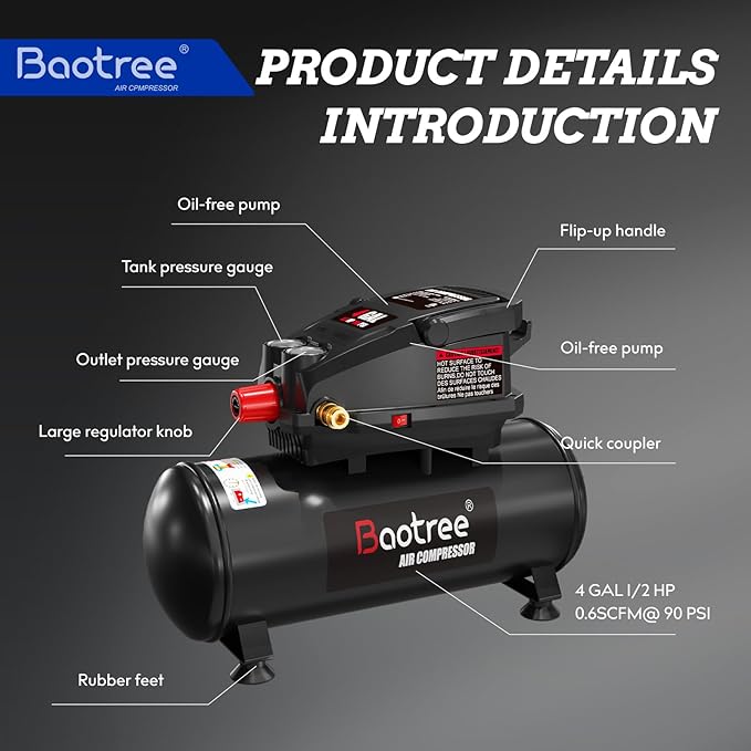 Baotree Portable Air Compressor, 4 Gallon Max 110PSI Oil Free Air Compressor Tank, 0.5HP Motor 0.6SCFM@90 PSI,1.0SCFM@40PSl Garage Air Compressors for Car Repair, Spray Painting, Woodwork Nailing