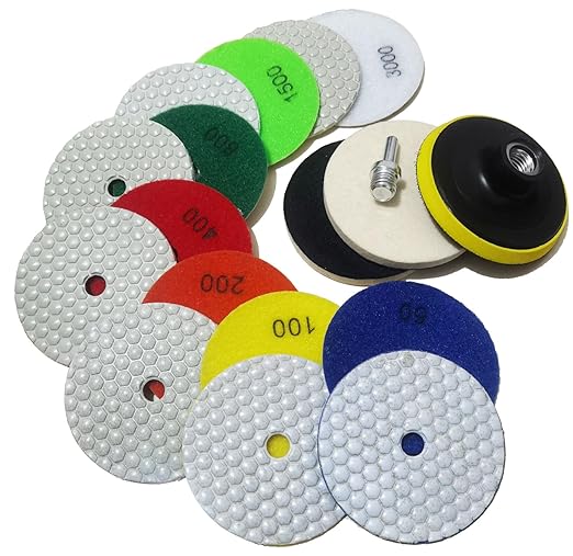 4 Inch Dry Diamond Polishing Pads, 11PCS Wet/Dry Granite Stone Buffing Pad Kit for Marble Concrete Quartz Tiles - High Temperature Resistance Sand Pad for Drill Grinder Polisher