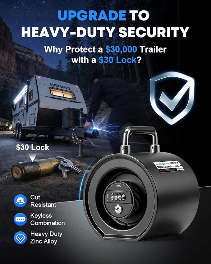 Kohree Keyless Trailer Lock Heavy Duty, 2-5/16" Trailer Hitch Coupler Lock, Anti-Theft Steel Combination Tongue Lock with Handle Easy Install for RV, Boat, Camper, Caravan