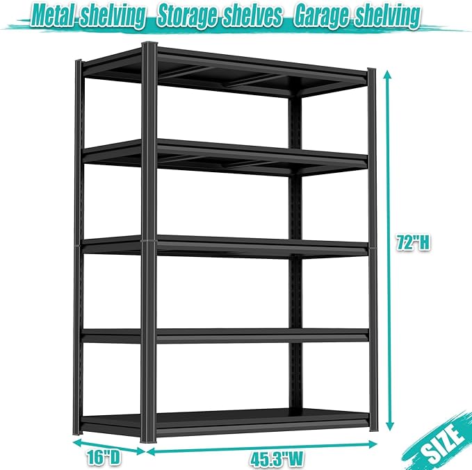PRESTELION 45" W Garage Shelving Heavy Duty Metal Storage Shelves 3000LBS Metal Shelving Unit 5 Tier Storage Rack for Basement, Warehouse, Pantry, Closet, Kitchen 72" H x 45.3" W x 15.8" D, Black