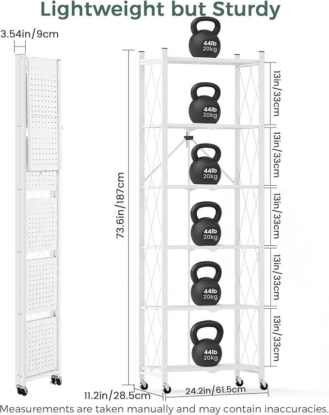 DEANIC 6-Shelf Folding Bookcase with Wheels, Heavy Duty Storage Shelves, Freestanding Metal Wire Shelving Unit for Living Room, Office, Kitchen, Basement, Pantry (White 2 Pack)
