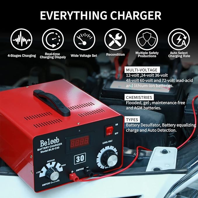 Adjustable Battery Charger 12V 24V 36V 48V 60V 72V Smart LCD Display Pulse Repair Desulfator Cable Clamps Automotive Maintainer for Golf Cart Mower Boats, PWCs Truck RV ATV SUV