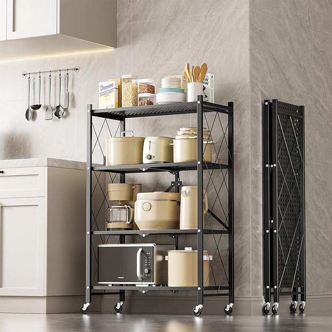 Simple Deluxe 4-Tier Folding Storage Shelves, 27.95" W x 14.96" D x 49.61" H Foldable Shelving Unit, 1000 Lbs Loading Capacity, Black