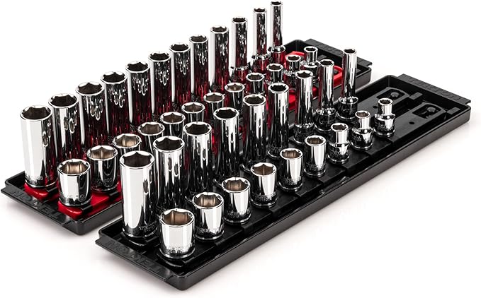 TEKTON 3/8 Inch Drive Shallow and Deep 6-Point Socket Set with Rails and Trays, 42-Piece (5/16-3/4 in., 8-19 mm) | SHD91218