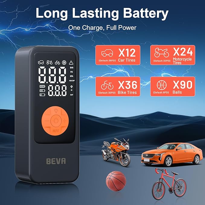 BEVA Tire Inflator Portable Air Compressor, 4X Faster Inflation Air Pump with Digital Pressure Gauge, 150PSI Cordless Tire Inflator with LED Light for Car, Electric Bikes, Motorcycle, Bike, Ball