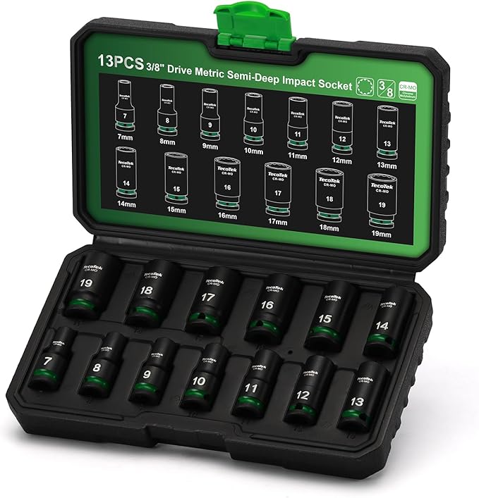 3/8-Inch Drive 12-Point Metric Semi-Deep Impact Socket Set, Mid-Length Socket Set, 7mm to 19mm, CR-MO, Stamped and Ink Filled Size Marking, 13-Piece