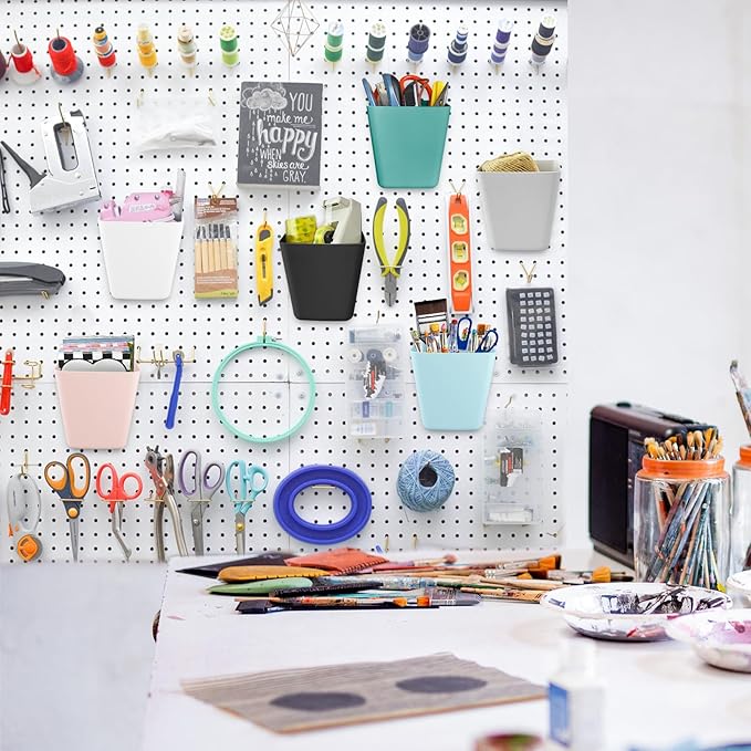 G.CORE Large Pegboard Cups Peg Board Storage Bin 6 Pack with Hooks, Square Box Shape Pegboard Cup Holder Accessories for Garage Workbench/Craft Room/Office/Playroom/Home Kitchen Organization (Mixed)