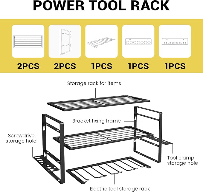 Power Tool Organizer Wall Mount, 3-Tier Heavy Duty Metal Rack Loads 180lbs with 4 Drill Holders and Side Hooks, Tool Battery Utility Rack Suitable Garage﻿