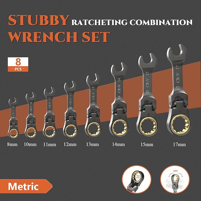 SUZUME Stubby Wrench Set 8PCS Metric (8-17mm) 180° Flexible Head 10K Gear Cycles Tested 90-Tooth CR-V Steel for Tight Engine Bays & with Motorcycle Repair with Rolling Pouch