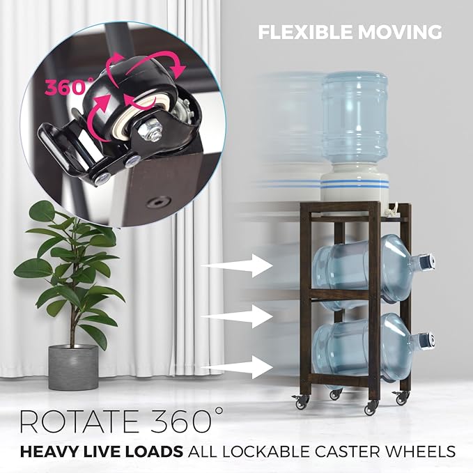 3-Tier 5 Gallon Water Jug Holder with Top Shelf – 4 Metal Wheels or Adjustable Feet – Natural Hardwood Water Dispenser Floor Stand – Wooden Organizer for Kitchen, Office, Garage – Space-Saving Design