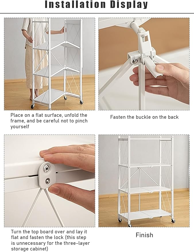 Lanstics 3-Tier Foldable Standing Shelf Units with Wheels, Industrial Style, Heavy Duty Metal Storage Shelves for Home, Kitchen, Bedroom