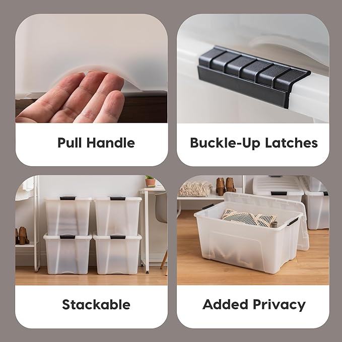 IRIS USA 54 QT Plastic Storage Box with Lid and Latches - 4 Pack - BPA-Free, Discreet Organizing Solution, Durable Nestable Stackable Containers, Secure Pull Handle - Pearl