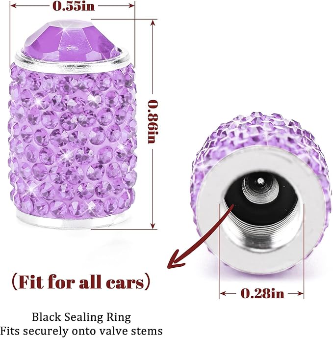 ToBeQueen Bling Purple Tire Valve Caps, 4 Pack Handmade Crystal Rhinestone Valve Stem Covers Universal Dustproof Car Accessories for Women for Car/SUV/Motorcycle/Bike(Purple)