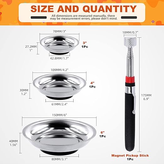 Tanstic 4Pcs Round Magnetic Trays Set with Magnetic Pick Up Tool, 3" 4" 6" Stainless Steel Magnet Trays Tools Parts Tray Holder, Telescoping Pick Up Tool Telescopic Magnet Stick for Metal Parts