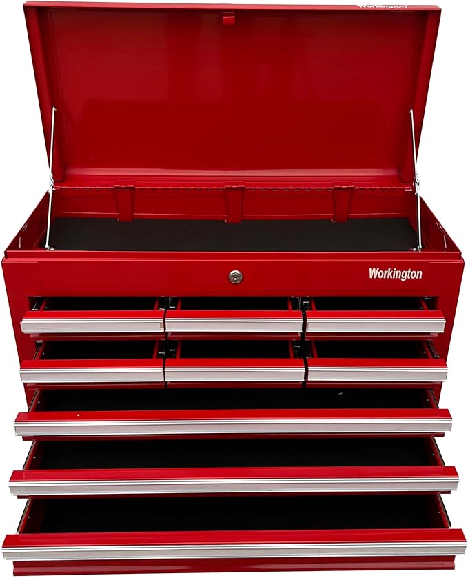Workington Professional Industrial Portable Metal Tool Chest with 9 Drawers, 26" 9-Drawer Tool Chest Cabinet with Ball Bearing Drawer Slides, Steel Tool Storage Box Organizer 4016 Red