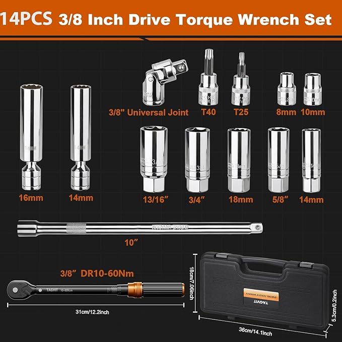 14 PCS Swivel Magnetic Spark Plug Socket Set with Torque Wrench 3/8 Inch Drive, 10-60 Nm 72 Tooth Click Torque Wrench with Universal Joint, Extension Bar, Bits for Easy Spark Plug Removal