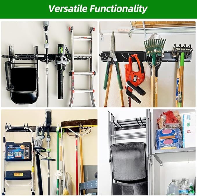 PIYILO Garage Organization, Garage Wall Organizer with 48 inches Rails and 6 Hooks, Tool Organizers Heavy Duty, Shovel Holder Wall Mount Max Load 360 LBS, Sturdy Garden Tool Rack for Folding Chairs