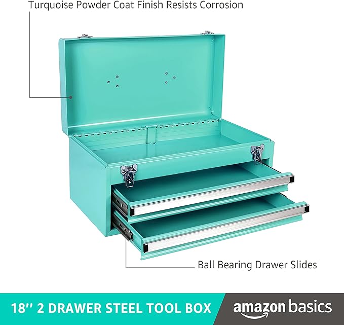 Amazon Basics Steel Tool Box Storage and Organization Drawers, Tool Storage with Powder Coat Finish, 18.11 x 8.66 x 9.45 in, Turquoise