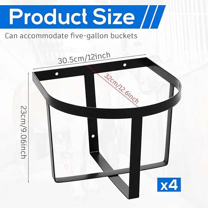 4 Pcs Heavy Duty Metal Bucket Holder 5 Gallon Horse Water Feed Bucket Holder Pre Installed Pail Accessories Wall Mount Hang Organizer for Horse Stalls Barn Farmhouse Supplies
