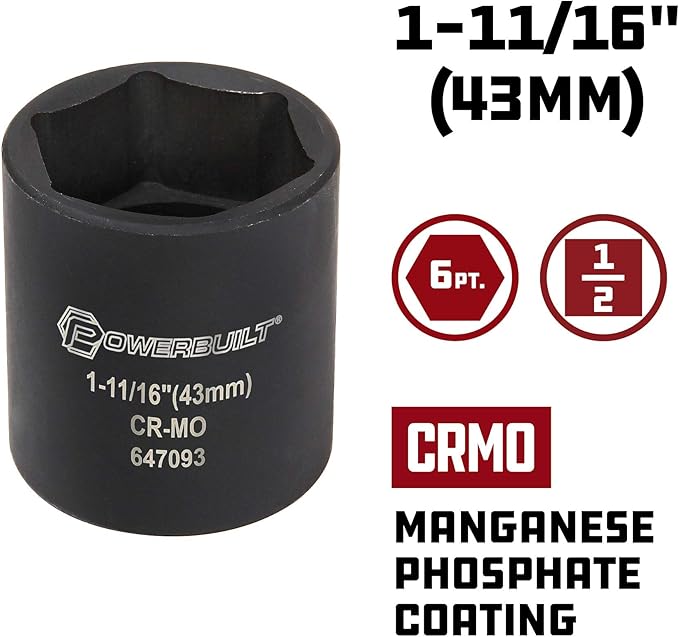 Powerbuilt Dodge Spindle Nut Socket, 1/2 Inch Drive 6 Point, 1-11/16 Inch, 4x4 Pickup Trucks, Front Axle - 647093