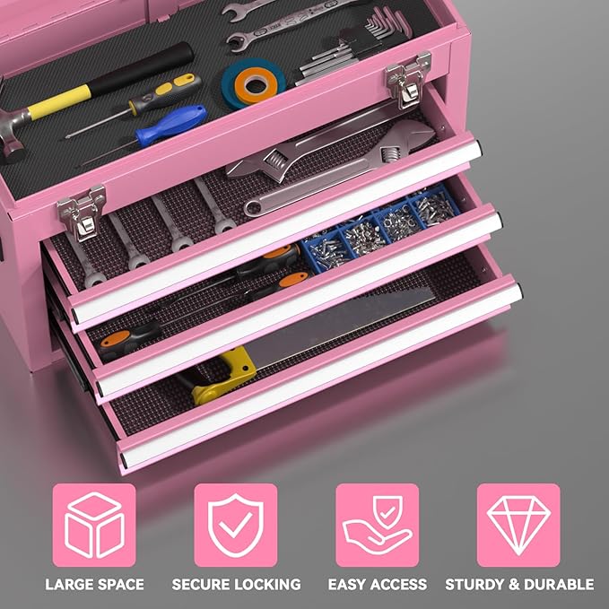 3-Drawer Tool Box, Tool Storage Cabinet, Tool Chest and Locking Mechanism, Metal Tool Cart for Garage Workshop and Room Use (Pink)
