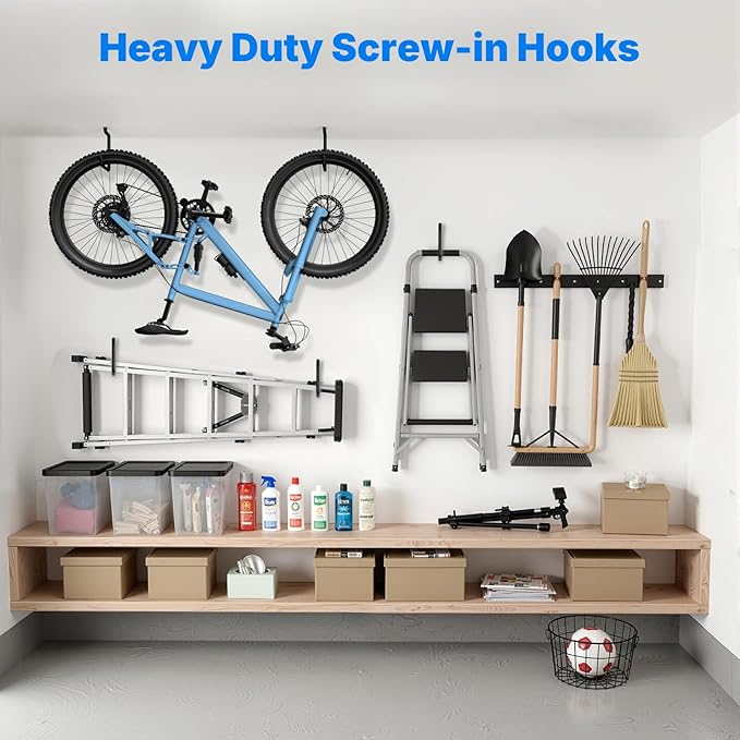 Housolution Screw in Bike Hooks, 8-inch for Wall and Ceiling, [6 Pack] Loading Capacity 75 LBS with Anti-Slip Coating, Heavy Duty Garage Storage Hooks for Bicycle, Foldable Chair, Ladder