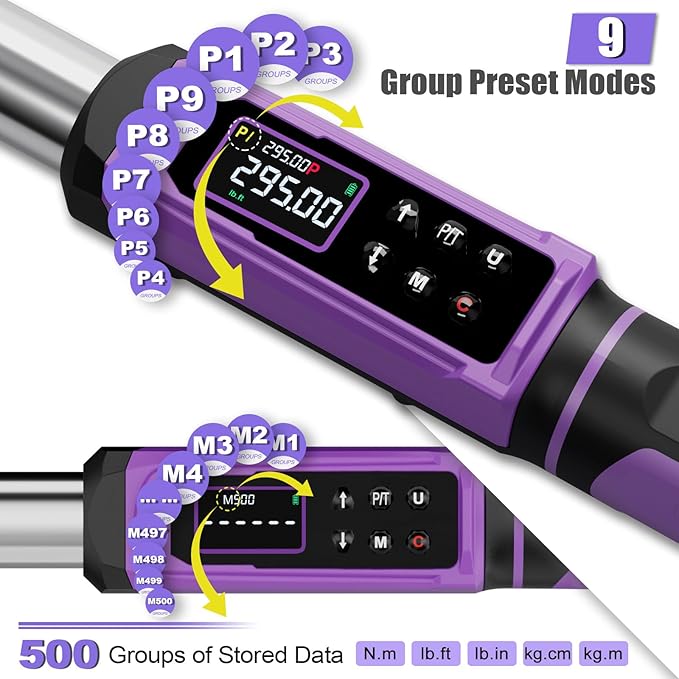 Digital Torque Wrench 1/2 Drive, 4.43-295 Ft-lb/6-400 Nm, 1/2 Torque Wrench Digital with ±1% Accuracy, Vibration, Buzzer LED, Adjustable Electronic Torque Wrench Set for Motor Car Truck