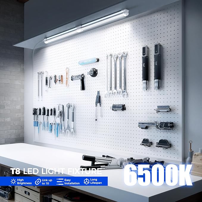 Barrina 6500K 1.5FT LED Shop Light, 3450LM, 25W, T8 Under Cabinet Lighting, Workbench, Workshop, Room, Kitchen, LED Tube Lights, Linkable Light Fixture with Built-in ON/Off Switch, ETL, 2 Packs
