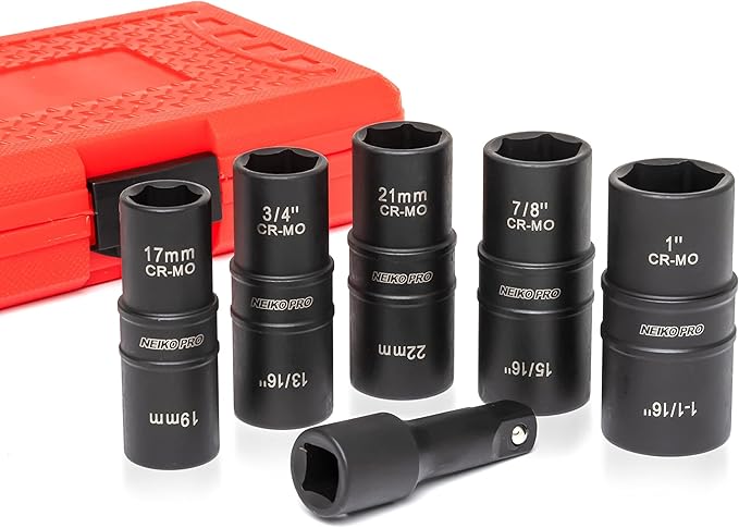 NEIKO 02287B 6-Pc 1/2-Inch-Drive Impact Socket Set, 10 SAE & Metric Sizes, Thin Wall Wheel Lug Nut Socket Set, Cr-Mo, 3-Inch Extension Bar, 6-Point, 19 & 21mm Sockets