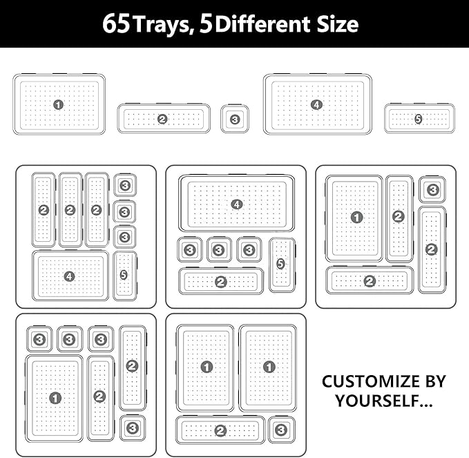 [𝐔𝐩𝐠𝐫𝐚𝐝𝐞𝐝] 𝟔𝟓 𝐏𝐂𝐒 Tool Box Organizer Tray 𝟓 𝐒𝐢𝐳𝐞𝐬 Desk Drawer Organizers Garage Storage Toolbox Divider Trays for Tool Chest Cart Cabinet Workbench Hardware Organization