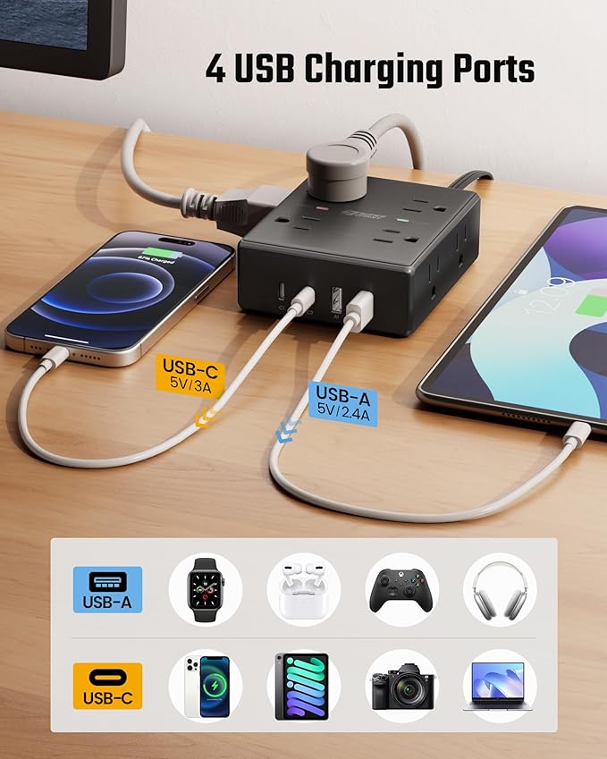 6Ft Extension Cord with Multiple Outlets, Flat Plug Power Strip Surge Protector, 8 Outlet 4 USB Ports (2 USB C), Wall Mountable, Desk Charging Station for Home Office, College Dorm Room Essentials