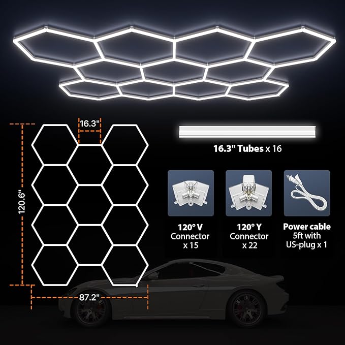 Hexagon Garage Lights, 11-Hex Lights Garage, Led Hexagon Lights, 460w, 55200lm, 5000k Ultra Bright, Modular Honeycomb Shop Light for Gym Lighting, Car Detail Lighting, Warehouse