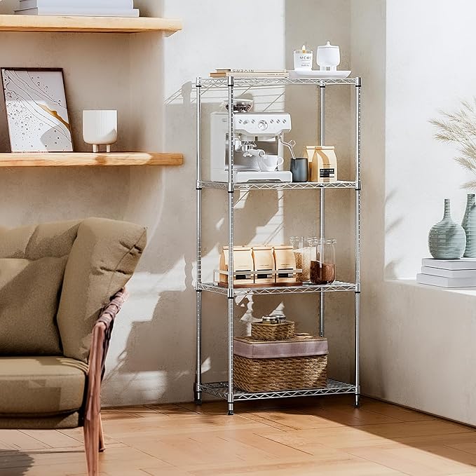 IZEUK 4-Tier Chrome Metal Storage Shelves, Adjustable Wire Shelving Unit Organizer for Kitchen, Bathroom, Home, 1000 lbs, 13.7" D x 23.6" W x 53.4" H