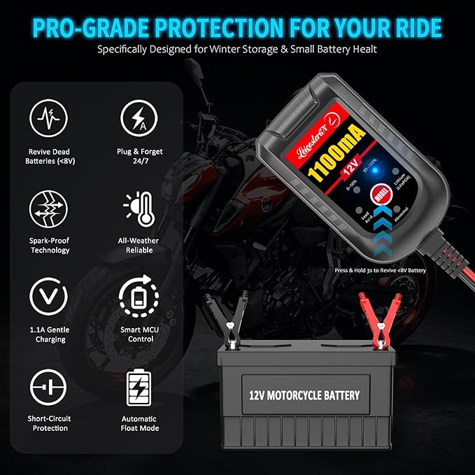 4 Pack Motorcycle Battery Charger 12V 1.1Amp, Smart Trickle Charger and Maintainer - Automatic Float Charger for Cruiser Sport Bike ATV Scooter Dirt Bike Lawn Mower, LiFePO4 Lead Acid AGM Gel