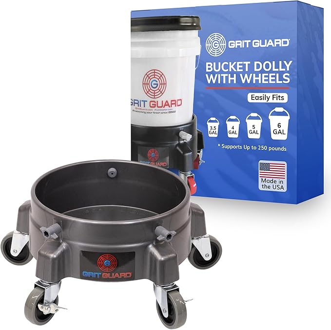 Grit Guard Bucket Dolly with Wheels - Rolling Detailing Wash Bucket with 5 Wheels and 2 Locking Casters Compatible with 2.5, 4, 5 and 6 Gallon Buckets (Silver, 3" Grey Casters)