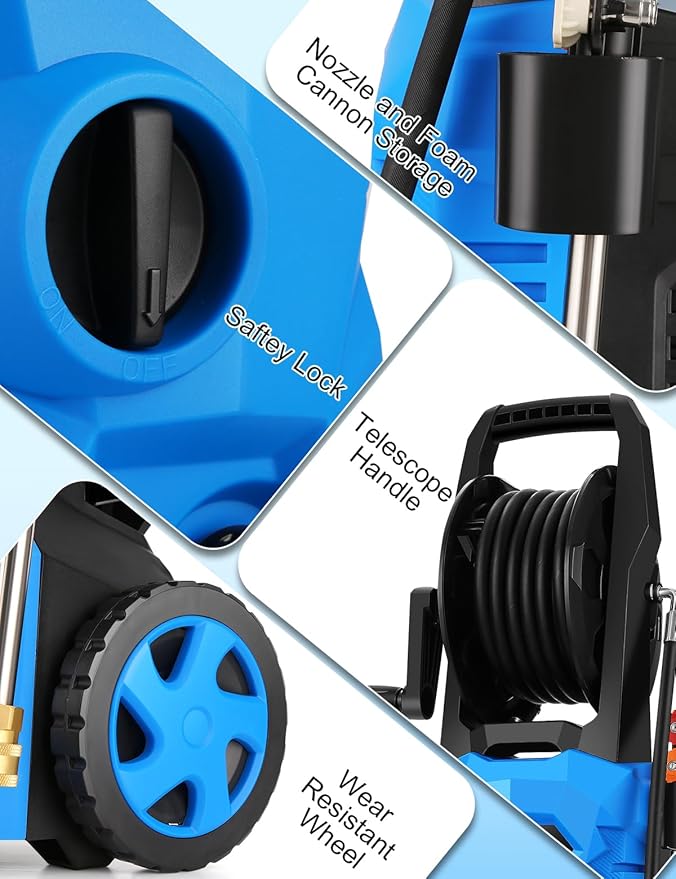 5000PSI Electric Pressure Washer - 2025 New Power Washer with Upgraded 33ft Pressure Washer Hose Reel, Foam Cannon, 4 Nozzle Set, Power Washer for House/Patios/Car/Fence, Blue