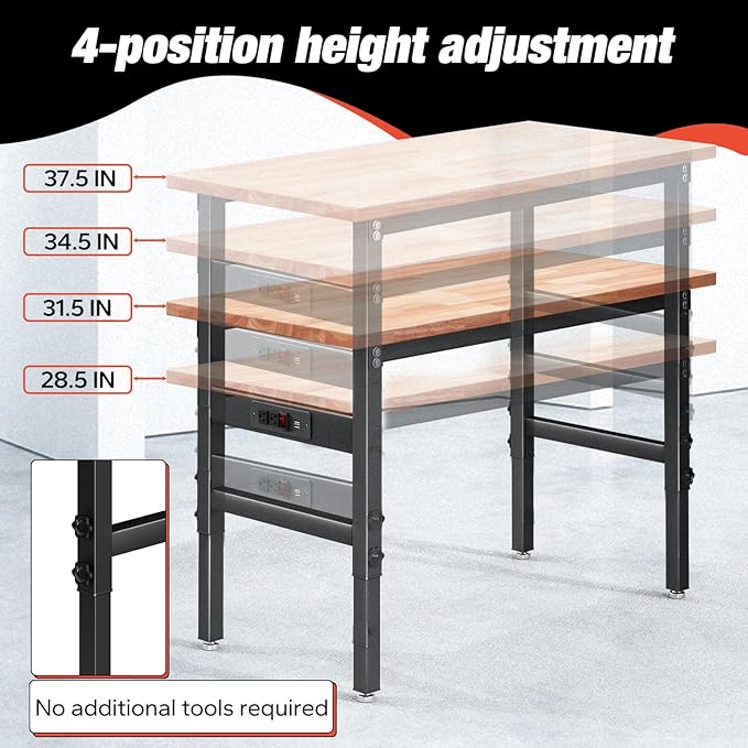 48" Work Bench for Garage, Height Adjustable Heavy Duty Rubber Wood Shop Table with Power Outlets