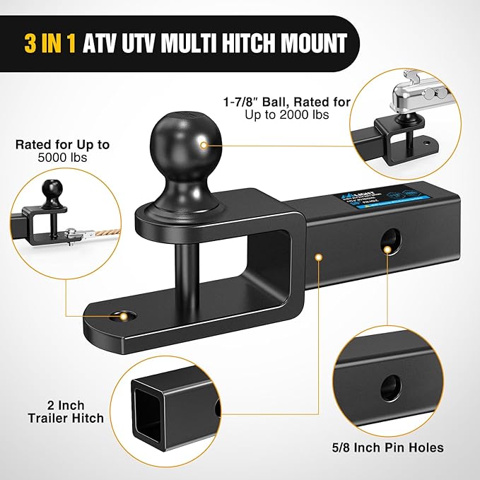 Nilight 3 in 1 ATV UTV Multi Hitch Mount with 1-7/8 inch Ball Hitch Rated 2000 LBS Fits 2 Inch Receiver Winch Strap Loop Rated 5000 LBS
