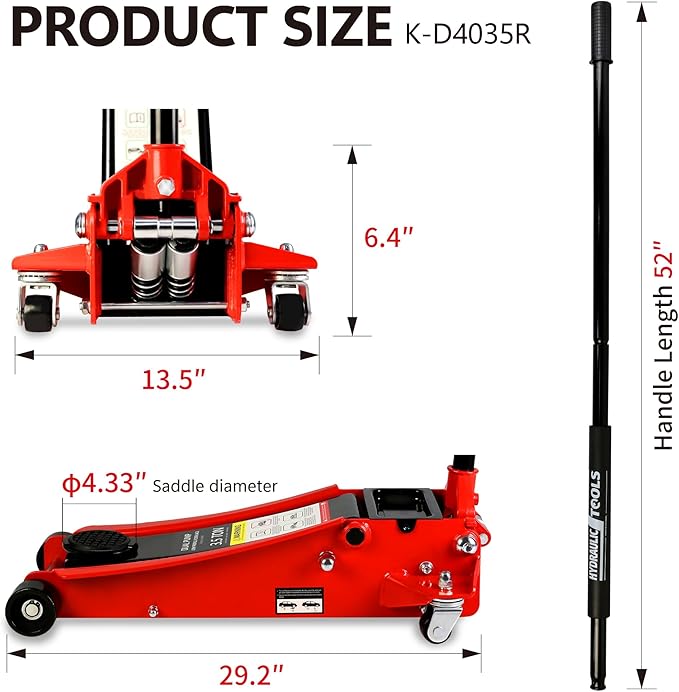 Floor Jack, Low Profile Steel Heavy Duty Hydraulic Trolley Racing Car Jack with Dual Piston Quick Lift Pump, 3.5 Ton (7000 lbs) Capacity, Lifting Range 4"-21", Red