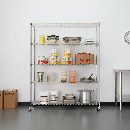 5-Tier Adjustable Wire Shelving with Wheels, Wire Shelf Rack for Kitchen Organization, Garage Storage, 500 to 2500 Pound Capacity, NSF Certified, 60” x 18” x 72”, EcoStorage Chrome