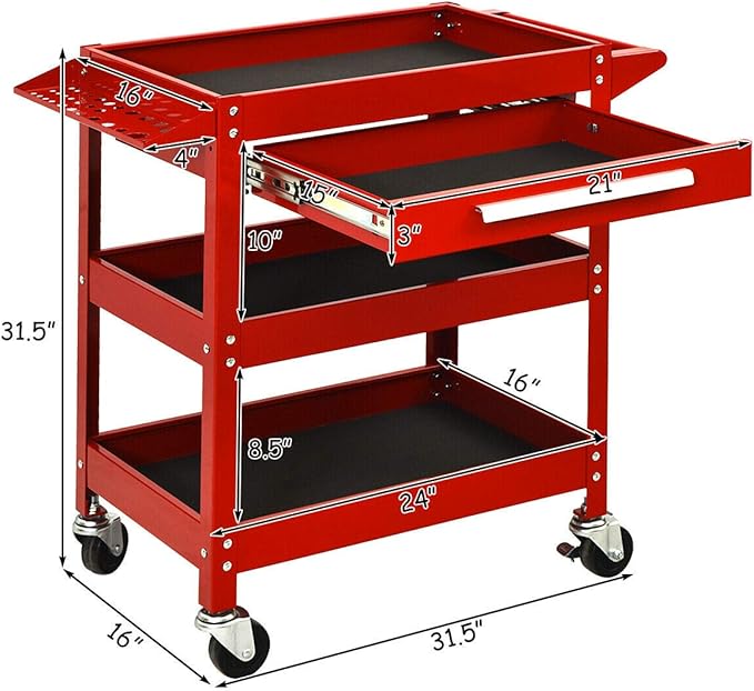 Goplus 3 Tier Rolling Tool Cart, 330 LBS Capacity Heavy Duty Utility Cart Tool Organizer with Storage Drawer, Industrial Commercial Service Tool Cart for Mechanics, Garage, Warehouse & Repair Shop